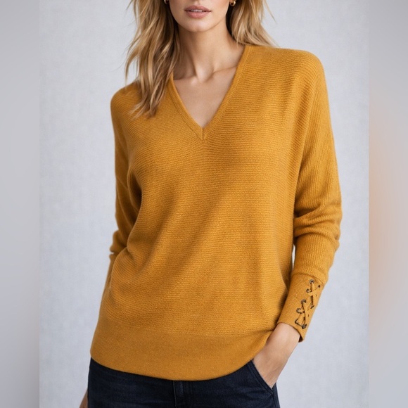 tribekka 44 Sweaters - Tribekka 44 Mustard Ribbed V-Neck Sweater Lace-Up Sleeve Detail Size L(1243)